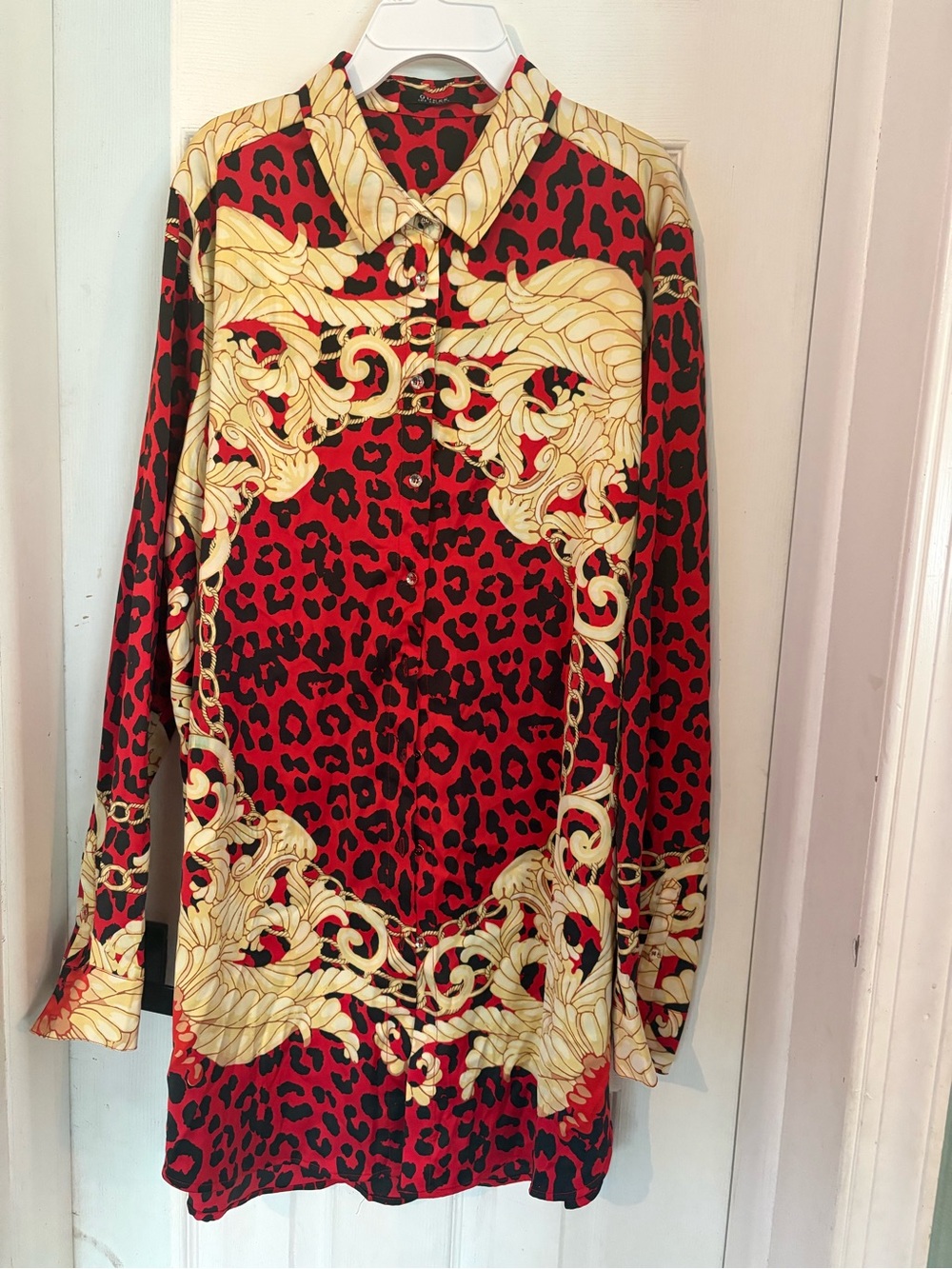 Guess Red & Gold Leopard-Print Satin Button-Up Blouse